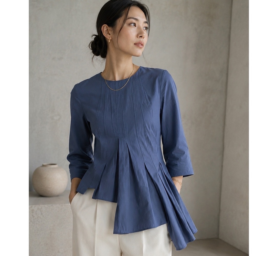 COS Asymmetrical Pleated Peplum Top Blue S (EU 36) Minimalist Architectural